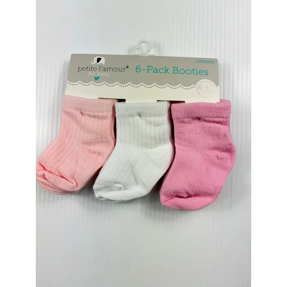 Petite L'amour Booties Baby Girls 6-Pack Socks Pink White Ribbed Newborn 6-12M